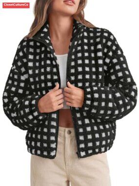 Womens Sherpa Fleece Plaid Jacket Cropped Teddy Coat Zip Winter